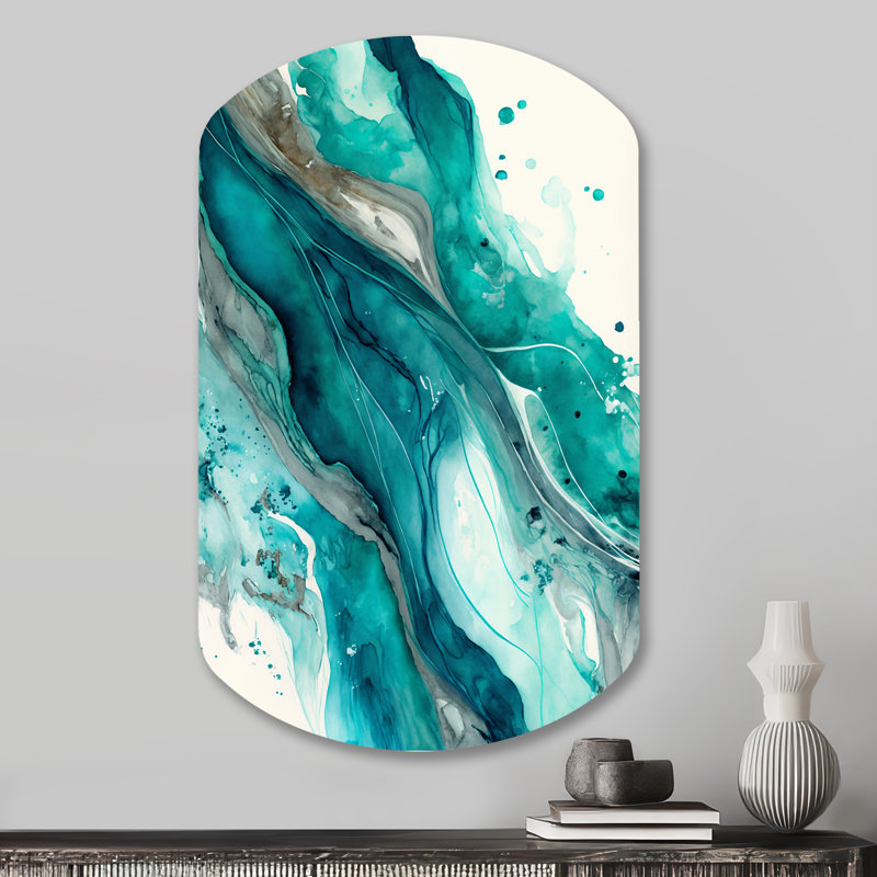 Turquoise Waves In Paradise V - Art mural asymétrique abstrait en forme de cylindre d'encre liquide, H 31 po x l 19 po