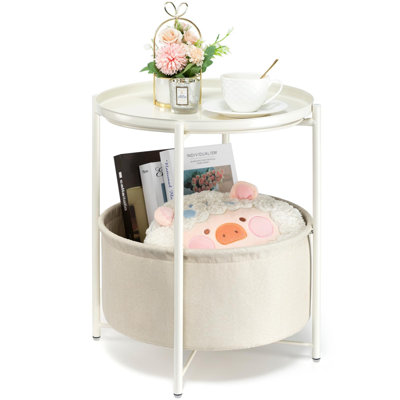 Table d'appoint ronde moderne en métal 20,5 "avec panier de rangement et plateau amovible