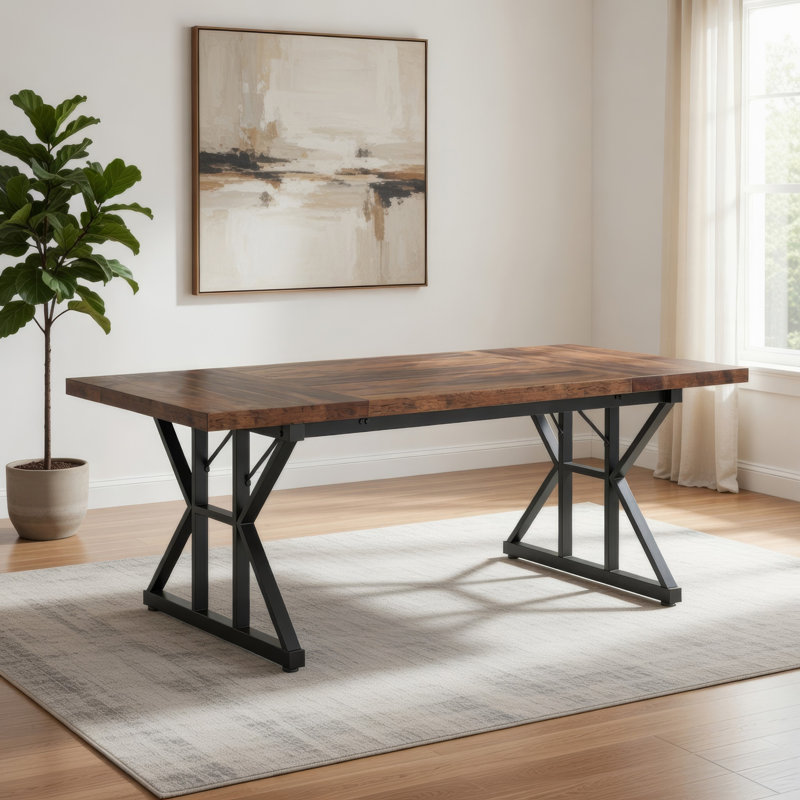 Farmhouse Dining Table, 71 Inch Wood Top, Metal Base, Bois brun, Noir