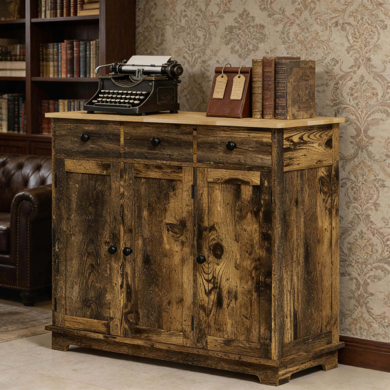 Rustic Brown Sideboard with 3 Drawers, Adjustable Shelves, and Rubberwood Top, Natural,Rustic Brown