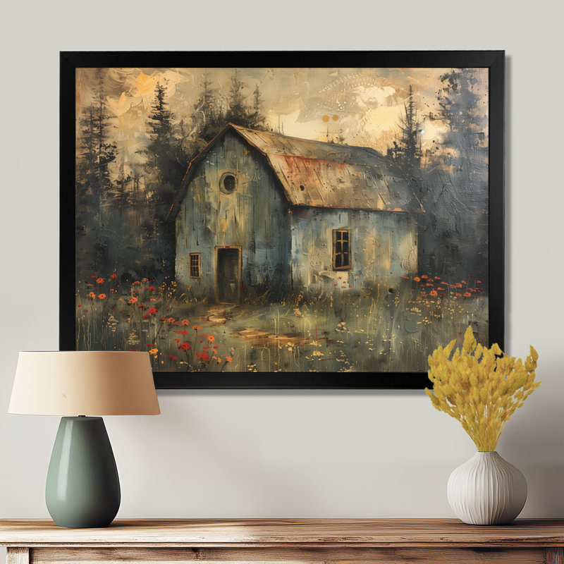Gris, gris, hiver, chalet champêtre, H 12 po x l 20 po x P 1 po, Toile encadrée noire simple