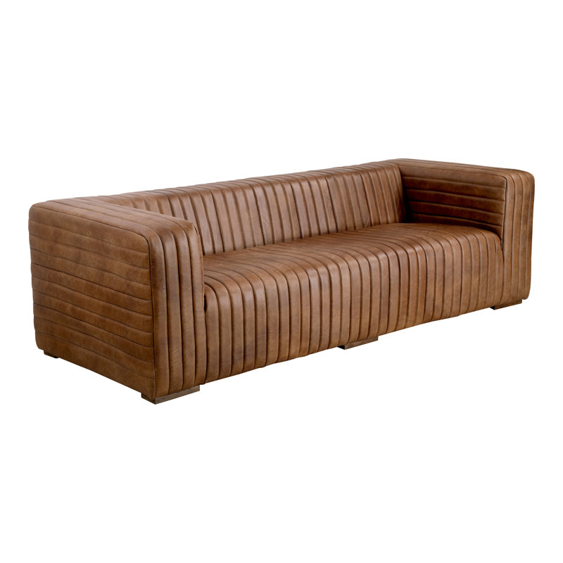 Castle 95" Genuine Leather Square Arm Chesterfield Sofa, Cappuccino Genuine Leather