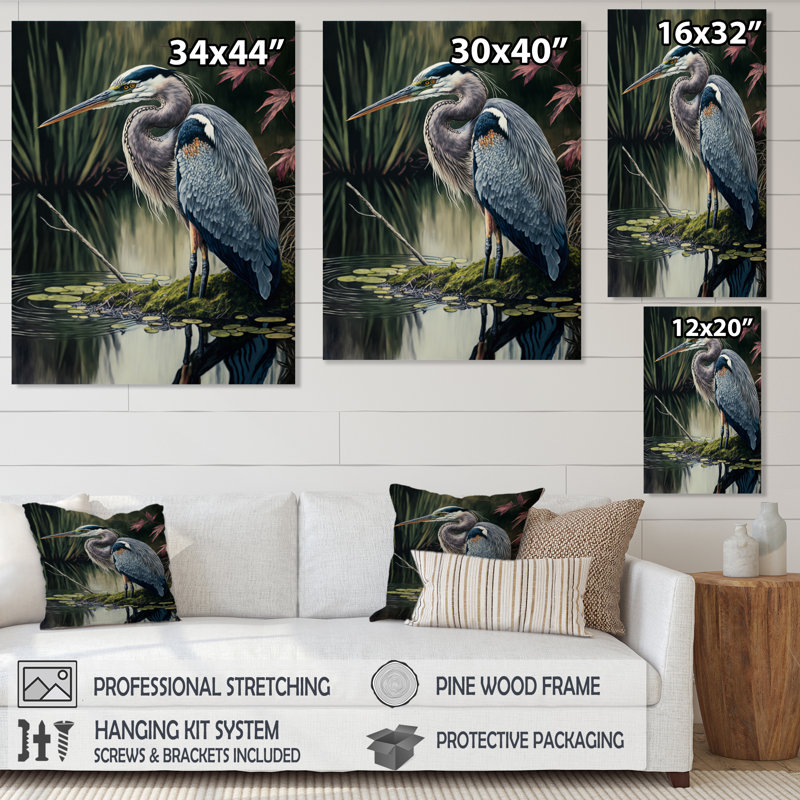 Héron au bord de la rivière - reproduction sur toile, H 20 po x l 12 po x P 1 po, Toile tendue