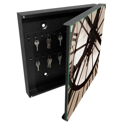 Wall mounted key box, Opens to the left, 30x30x5, White, Clock face and industrial elegance, 
