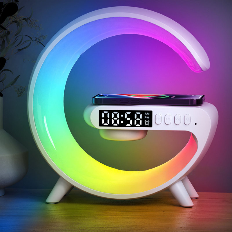 LED Table Lamp with Wireless Charger, Mini G Atmosphere Lamp with Bluetooth Speaker, Night Light Lamp Sunrise Alarm Clock, Smart Light Sound Machine for Bedroom
