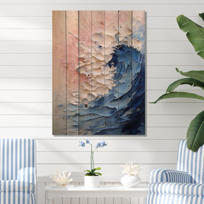 Turbulent Sea of Coastal Waves - Impression de bois bleu nautique sur bois de pin naturel