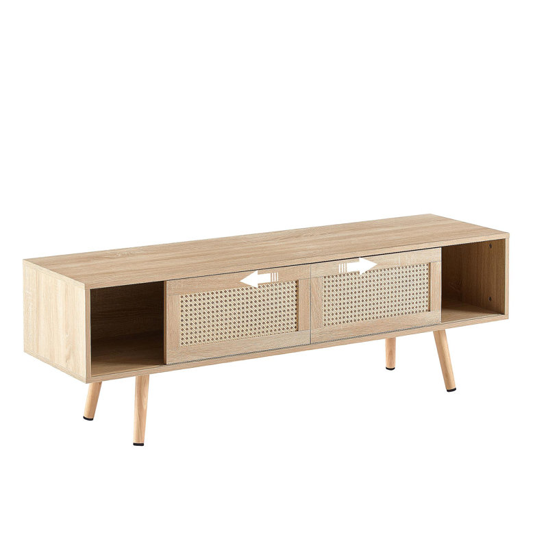 55.12" Rattan TV Cabinet, Double Sliding Doors For Storage,  Adjustable Shelf, Solid Wood Legs, TV Console For Living Room ,Natural