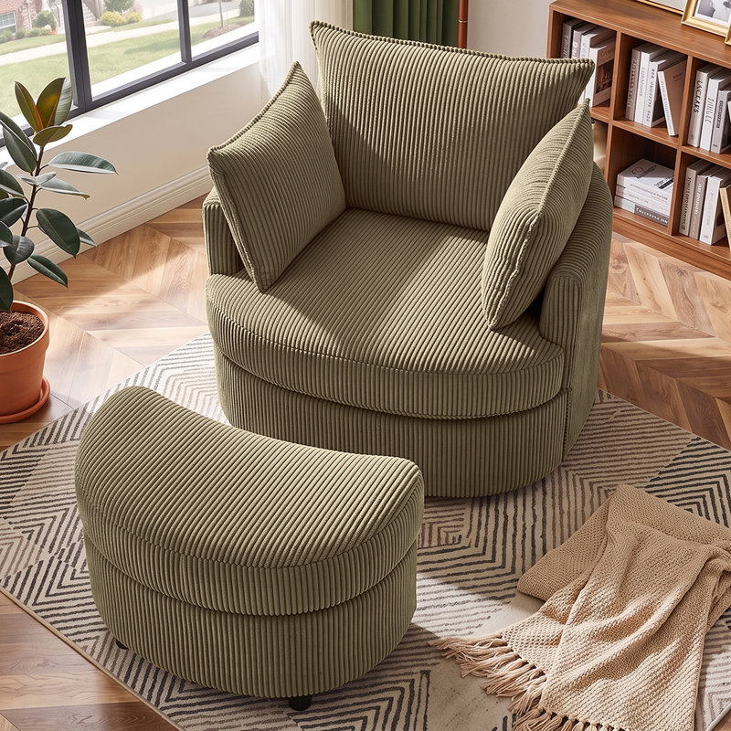 Corduroy Upholstered Swivel Barrel Accent Chair with Hidden Storage Ottoman, Round Lounge Chair for Living Room, Brown