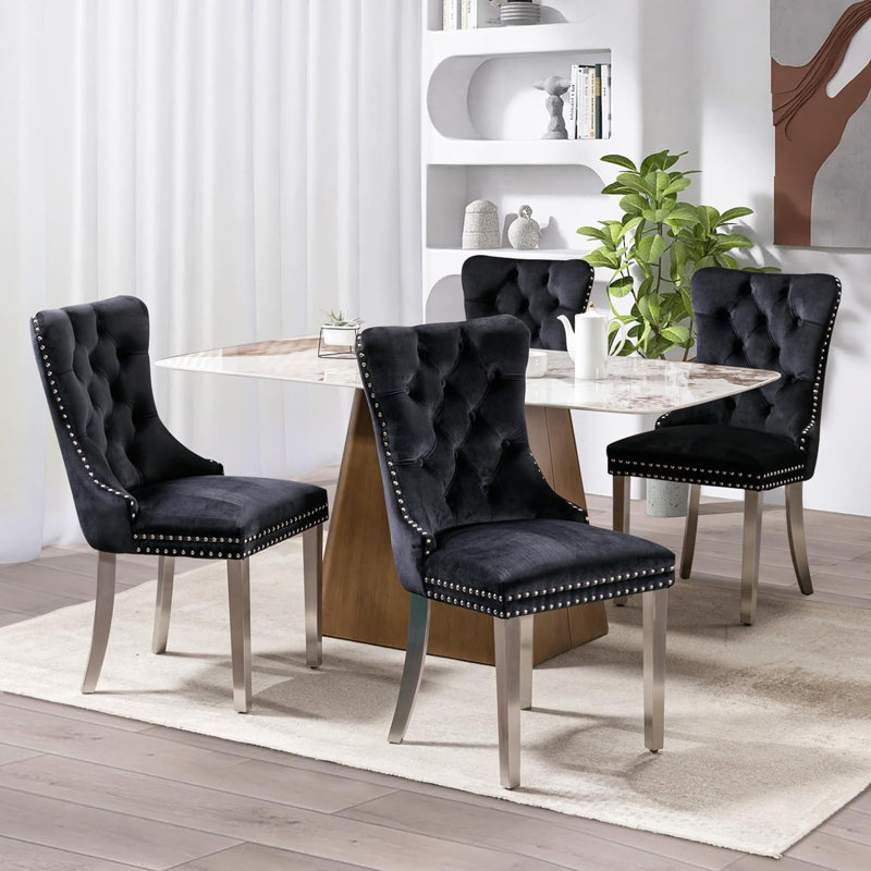 Chaises de salle à manger, chaise de salle à manger rembourrée haut de gamme avec anneau clouté, Argent, Velours noir, 4