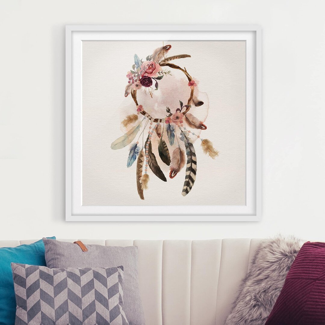 Gerahmtes Poster Dream Catcher mit Rosen und Federn