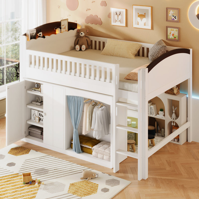 Lit mezzanine double compact avec rangement en bois, style Led moderne, salle familiale