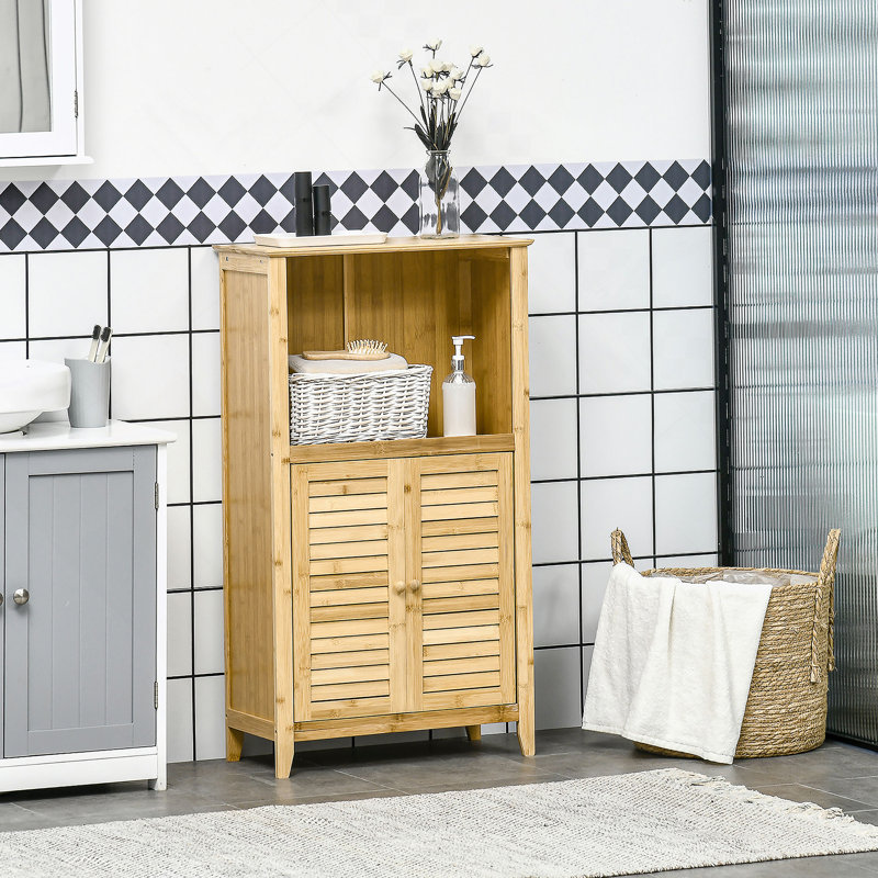 Armoire de salle de bain en bambou avec plusieurs tablettes et portes, naturel