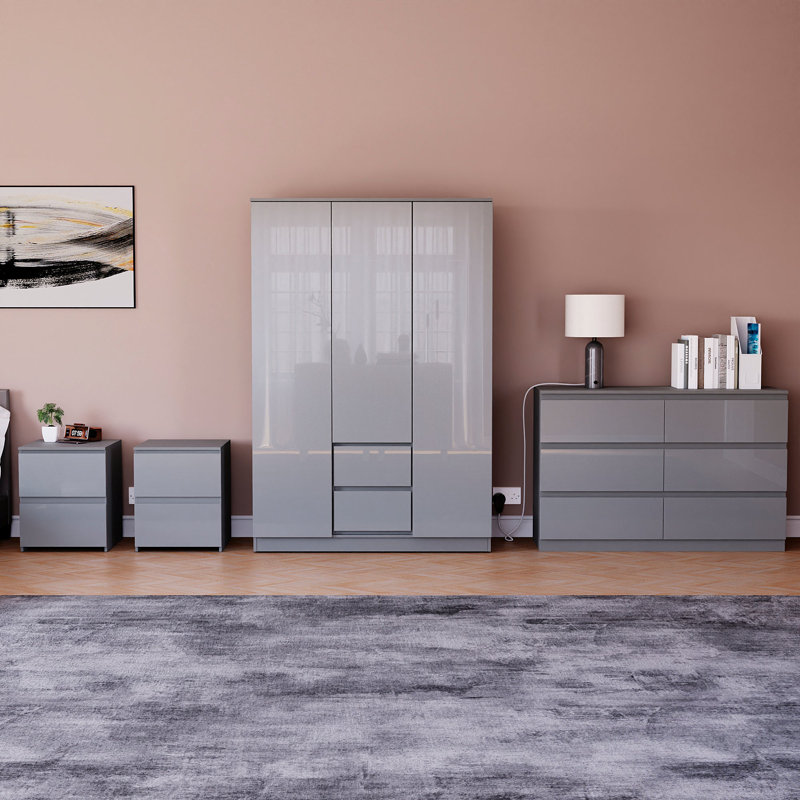 Taniesha 4 Piece Bedroom Set (2 Drawer Bedside Chest X2, 3 Drawer Chest, 2 Door 2 Drawer Wardrobe), (100% FSC), Grey