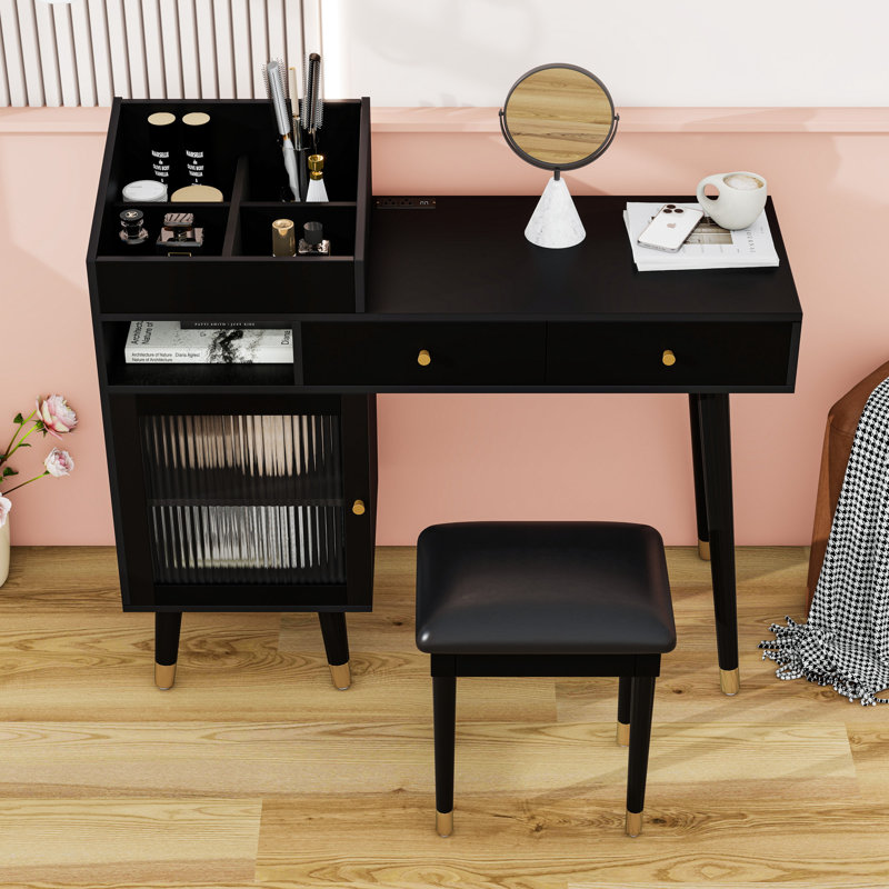 Makeup Vanity Desk with Drawers, Cabinet and Charging Port, Black