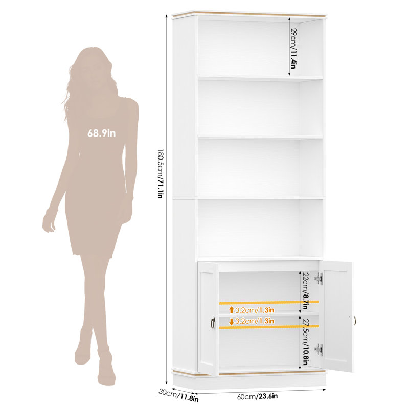Classeur blanc 2 pièces, armoire de rangement haute avec 2 portes et 4 tablettes ouvertes, rangement polyvalent pour le bureau et la bibliothèque