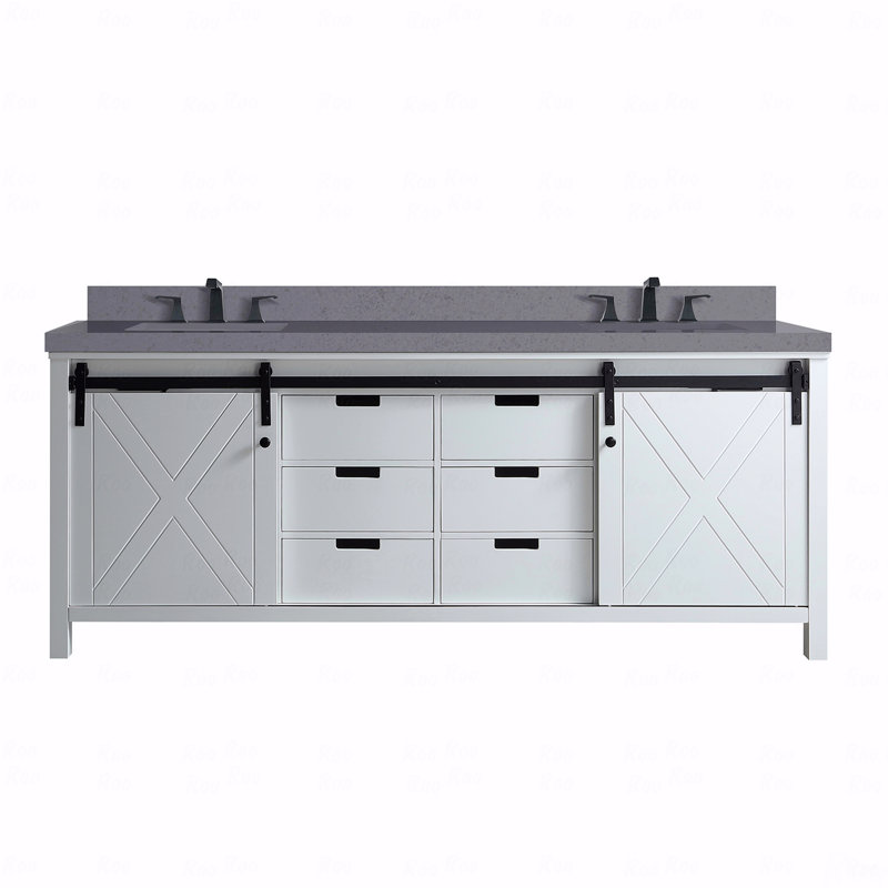 Ensemble de meuble-lavabo à double cuve 80 "de large x 22" de profondeur, comptoir en quartz gris et robinet, Blanc, 81"