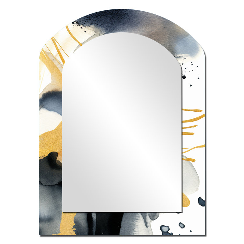 Pastel Abstract With Blue Black & Gold Spots VI - Fractals Arch Decorative Mirror, Modern Asymmetrical Large Wall Mirror, Printed Metal Art