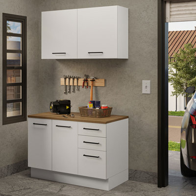2-Piece Garage and Utility Room Storage Cabinet Set with 47 Inch Base Cabinet and 47 Inch Wall Cabinet Modular Storage Organization Unit - White