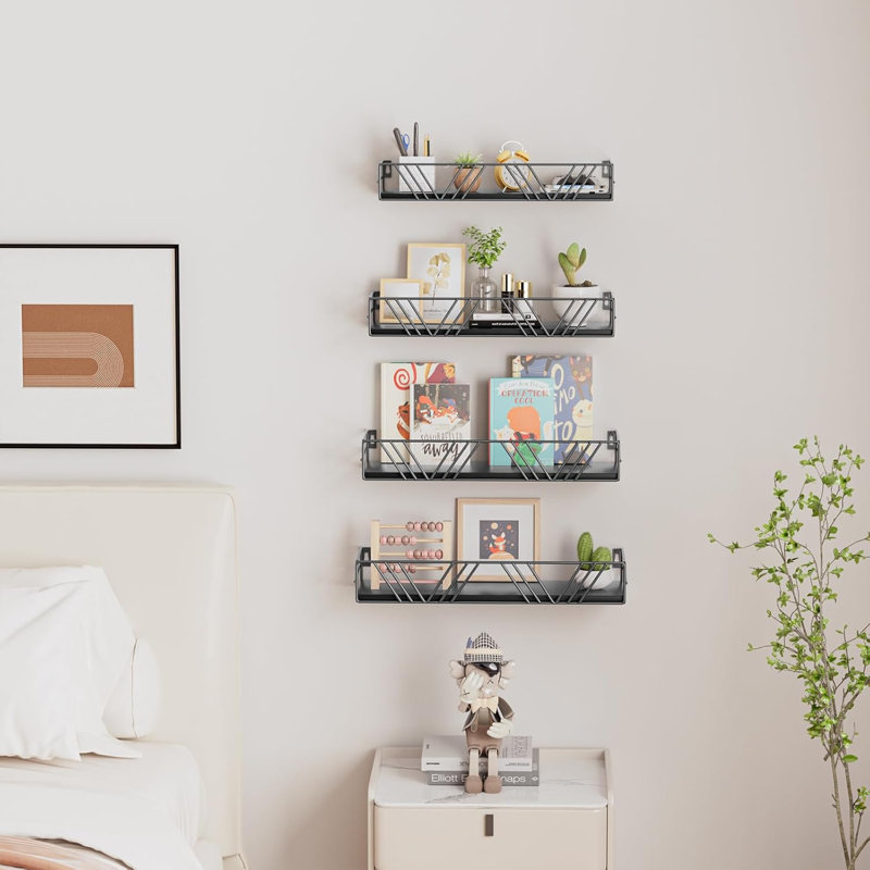 Ensemble de 4 tablettes murales flottantes en bois massif et en métal avec rails de protection - Tablette de rangement robuste pour salle de bain, chambre à coucher, salon, cuisine, bureau