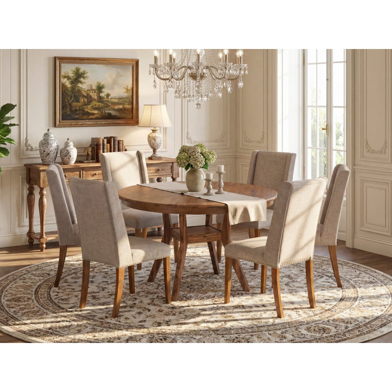 L'ensemble de salle à manger 7 pièces Mid Century comprend une table et 6 chaises en tissu de lin brun clair avec dossier rembourré - noyer antique