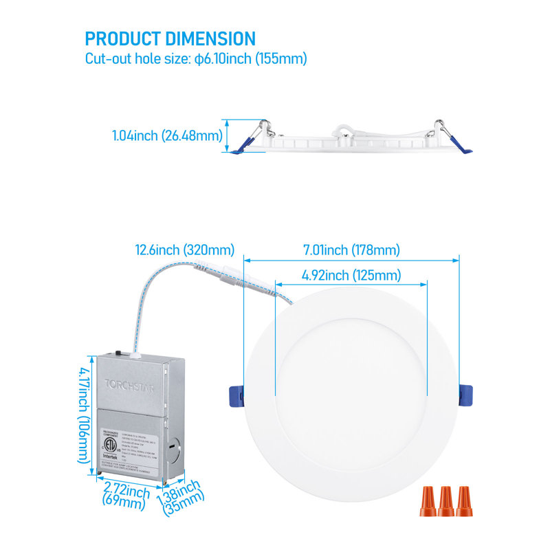 Luminaire encastré 6 "à DEL 5CCT à intensité variable avec boîte de jonction, plafonnier 12W