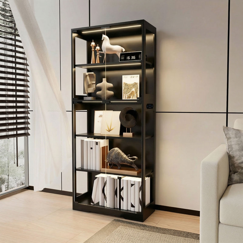 5 Tier Glass Display Cabinet, Curio Cabinet, Dining Cabinet, Bookcase With Adjustable LED Lights, Human Sensor, Black