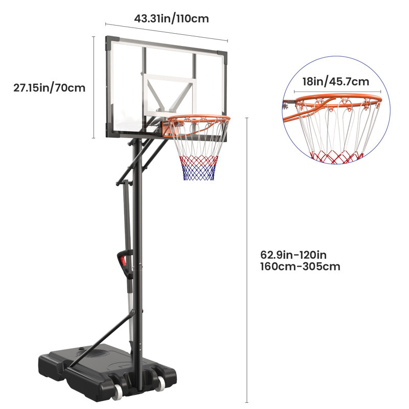 Panier de basketball portatif à hauteur ajustable Carlno avec panneau de 44 po, Orange