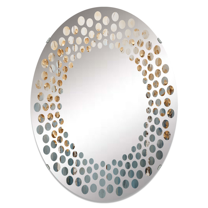 Minimalisme doré et arbres bleus paysage II - Miroir mural à pois | Ovale, 29,5 po x 19,6 po