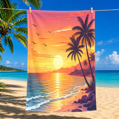 1 serviette de plage tropicale Sunset Sunset, palmiers éclatants et vue sur l'océan, microfibre à séchage rapide pour piscine, voyage, camping, style bohème