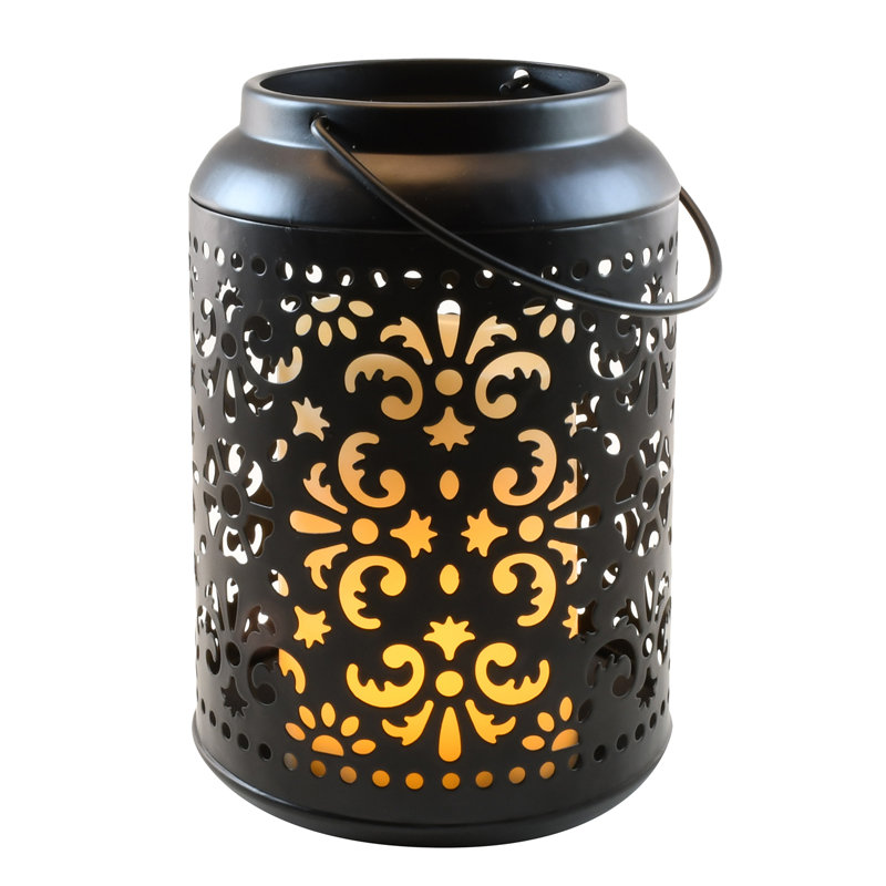 Flame Effect Battery-Operated Black Metal Lantern