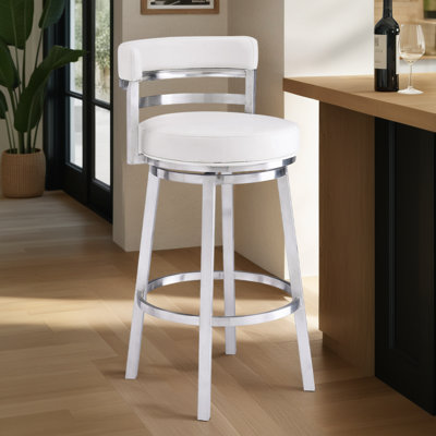 Deherrera Modern Swivel Counter or Bar Stool with Open Low Back and Footrest in Metal and Faux Leather