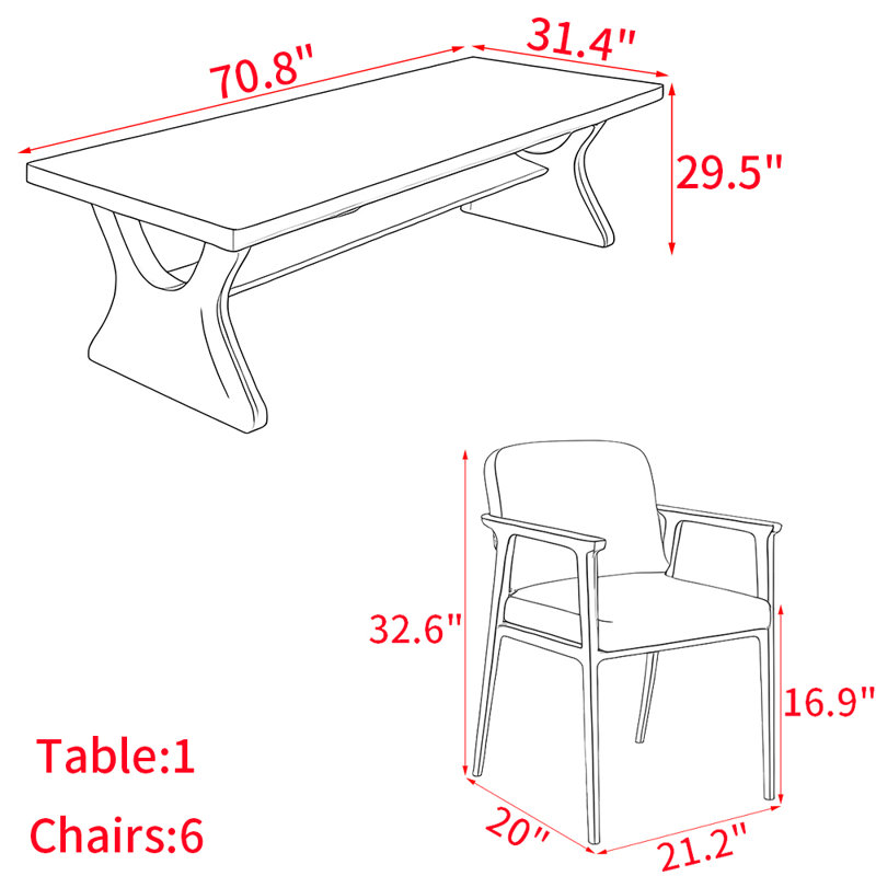 Modern simple solid wood rectangular table set, 29.5"H x 70.8"L x 31.4"W