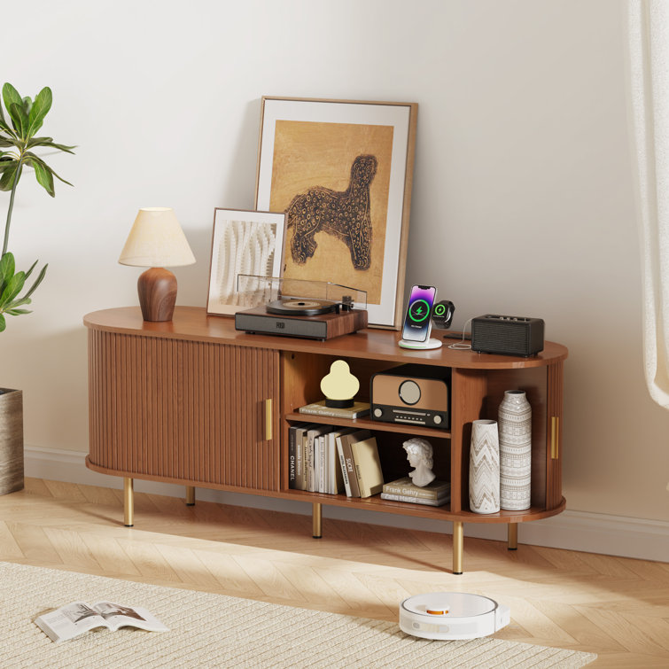 Fluted TV Stand With Power Outlet and Adjustable Shelves, Mid Century Modern TV Console, Sliding Doors Entertainment Center and Media Console for TVs 40" - 65"