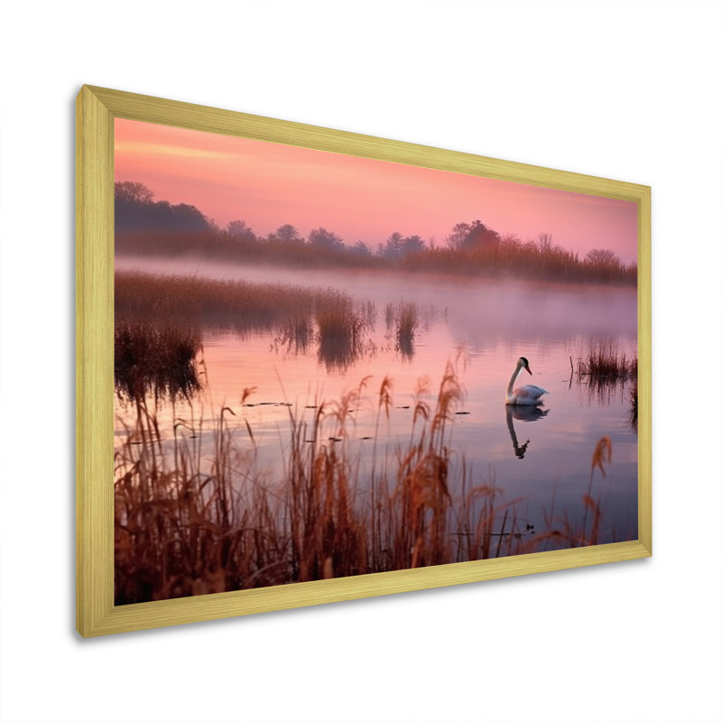 Bellamae, cygnes roses au coucher du soleil, reproduction sur toile, H 24 po x l 32 po x P 1 po, Encadrement doré
