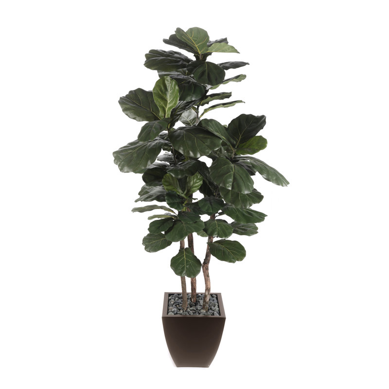 Faux Fiddle Leaf Fig Tree in Metal Planter, Brown Metal Planter