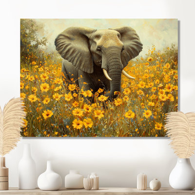 Éléphant dans les prairies en fleurs - reproduction d'art moderne en métal, décoration murale éléphant en métal