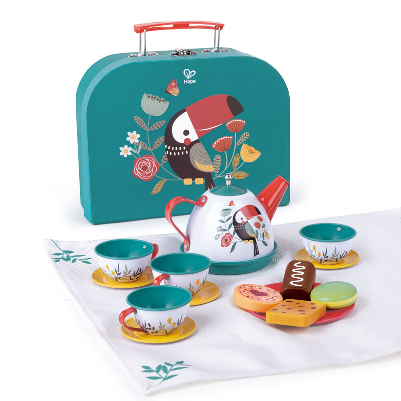 Hape: ensemble de jeu Tea Time - 15 pièces, bleu sarcelle et rose, étui de rangement, ensemble à thème nature et oiseaux, nourriture de cuisine, ensemble de jeu de jouets, tout-petits et enfants de 2 ans et plus