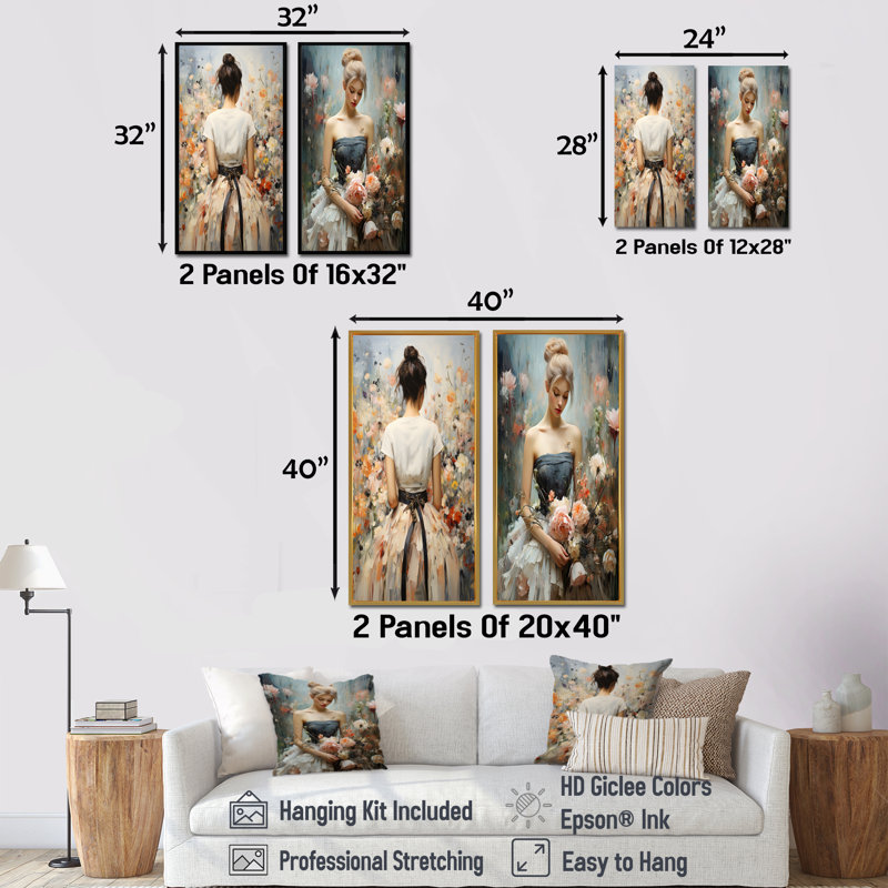 Impressionniste mode femme dans un champ de fleurs I - Fashion Wall Art salon ensemble de 2, Cadre noir, H 28 po x l 25 po