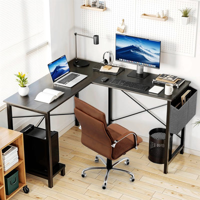 L Shaped Desk Gaming Computer 50 Inch Reversible Corner Table PC for Writing Study Student with Wood Tabletop Metal Frame CPU Stand Side Bag for Home Office Small Place,