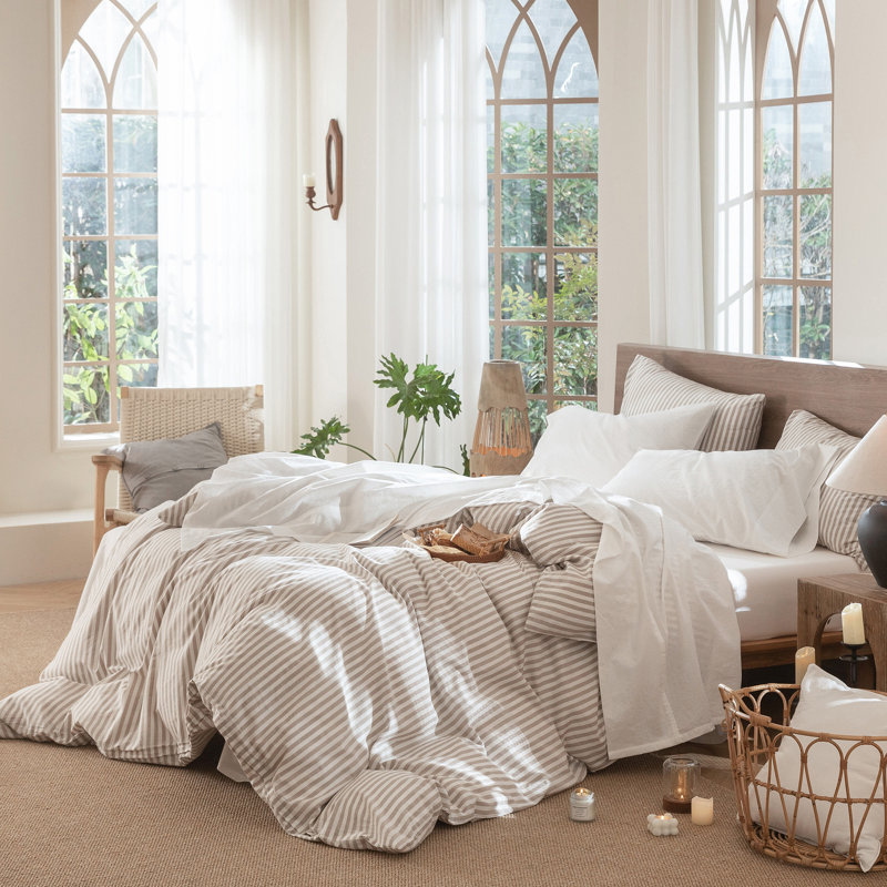 Ensemble de draps MooMee, Blanc cassé, Ensemble de draps pour lit double avec 2 taies d'o