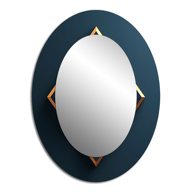 Retro Diamond Geometry in Blue And Gold I - Large Oval Wall Mirror On Metal, 40" x 30"