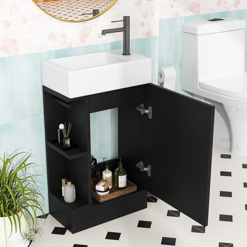 Meuble-lavabo en bois et tablette en céramique, Noir, noir, noir, noir