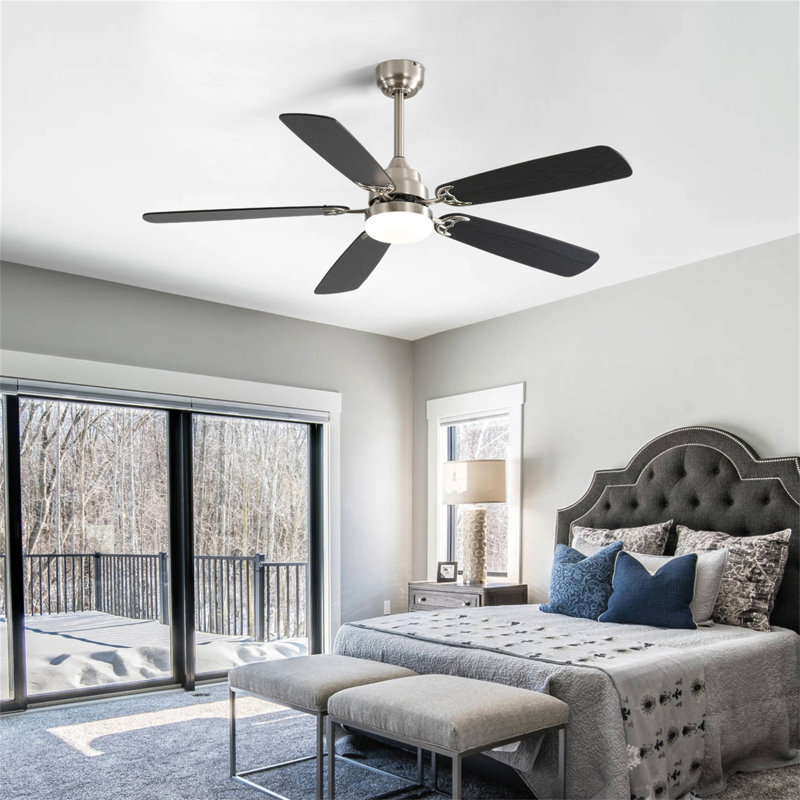Modern 52 Inch Led Ceiling Fan With 110V 6 Speed Wind 5 Blades Remote Control Reversible DC Motor With Light, Black, Silver