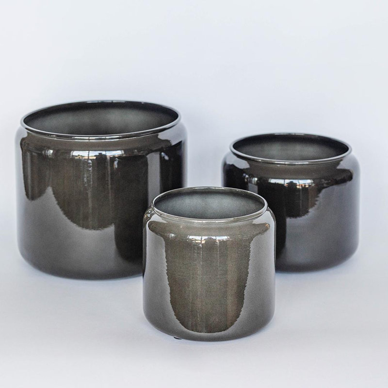 Ensemble de 3 pots à fleurs cylindriques brillants anthracite, Gris foncé