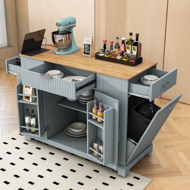 Chariot roulant pour îlot de cuisine avec prise de courant intégrée, rangement et poubelle, Bleu gris