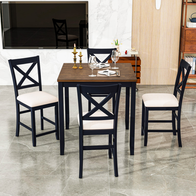 Dining Table with 4 Upholstered Chairs, Black/White, Oak, Black