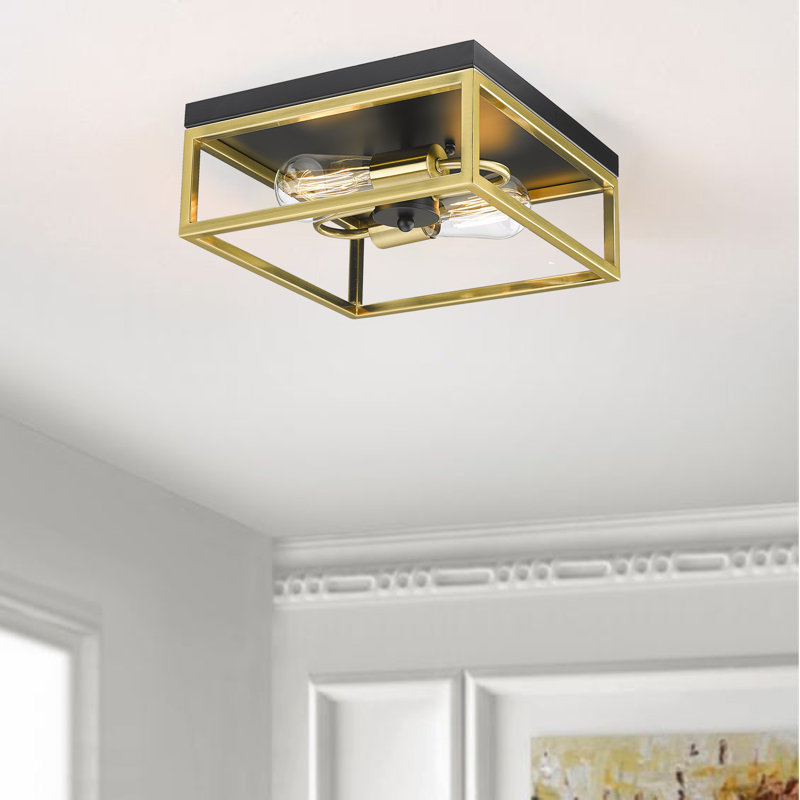 Transitional 2 Light Gold Square Flush Mount, Black/Gold