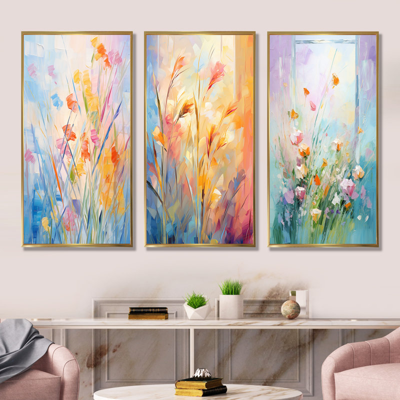 «Yellow and Pink Meadows Breeze I», ensemble de 3 reproductions d'art sur toile, Cadre flottant doré, H 40 po x l 60 po
