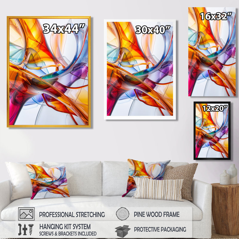 Décoration murale fractale orange et vert en verre II, Cadre flottant brun, bois massif, H 30 po x l 40 po