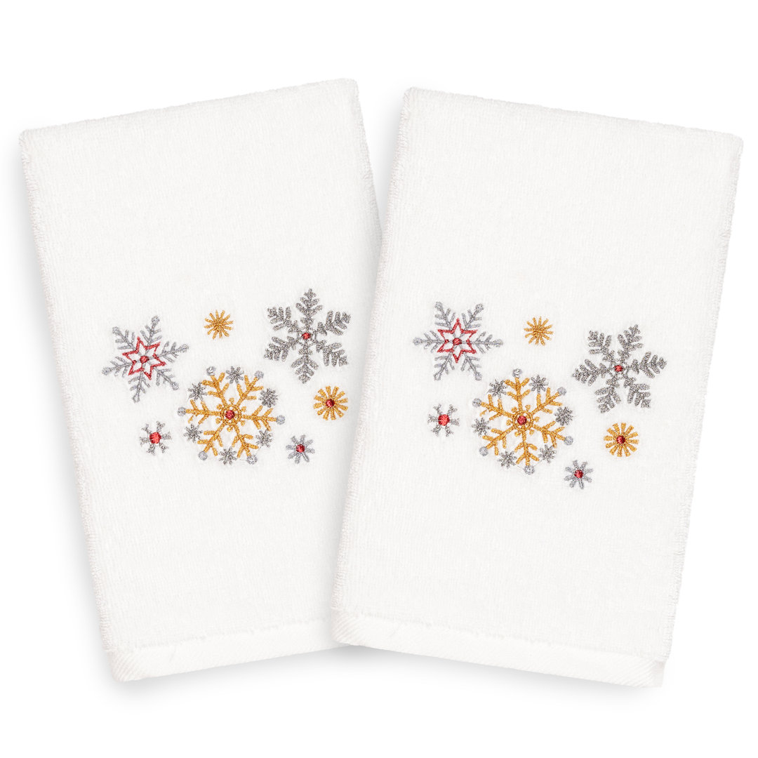Christmas Snowfall Embroidered Luxury Turkish Cotton Hand Towel (Set of 2) Linum Home Textiles 